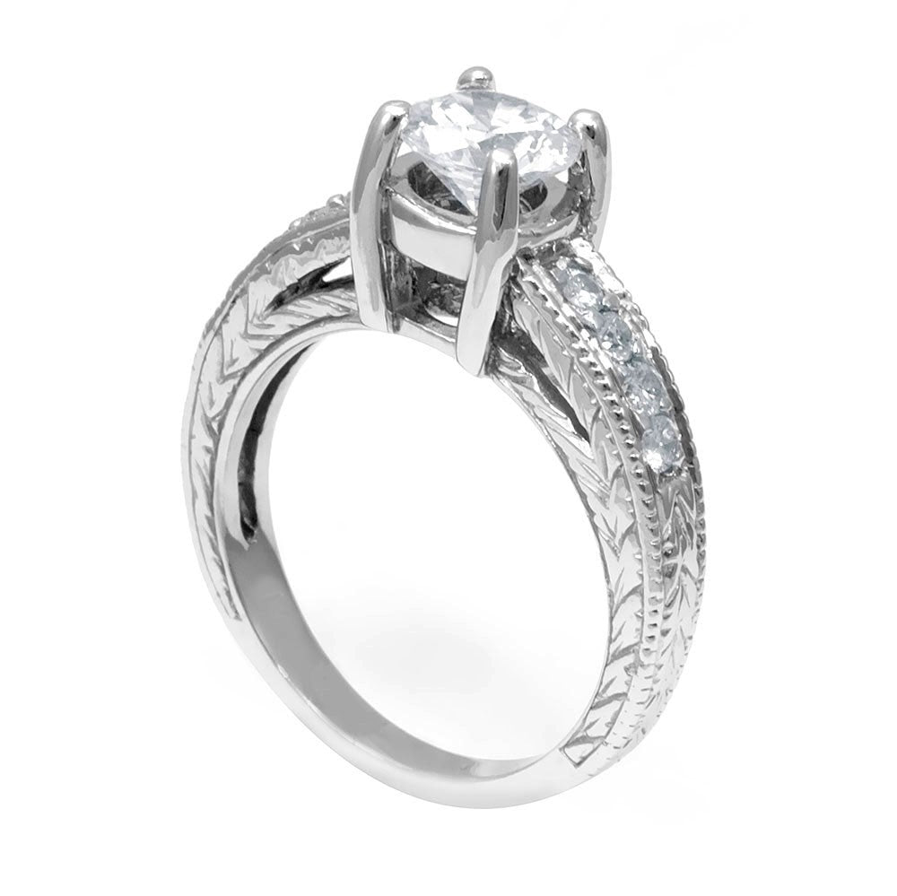 14K White Gold Engagement Ring with Pave Set Round Diamond Side Stones