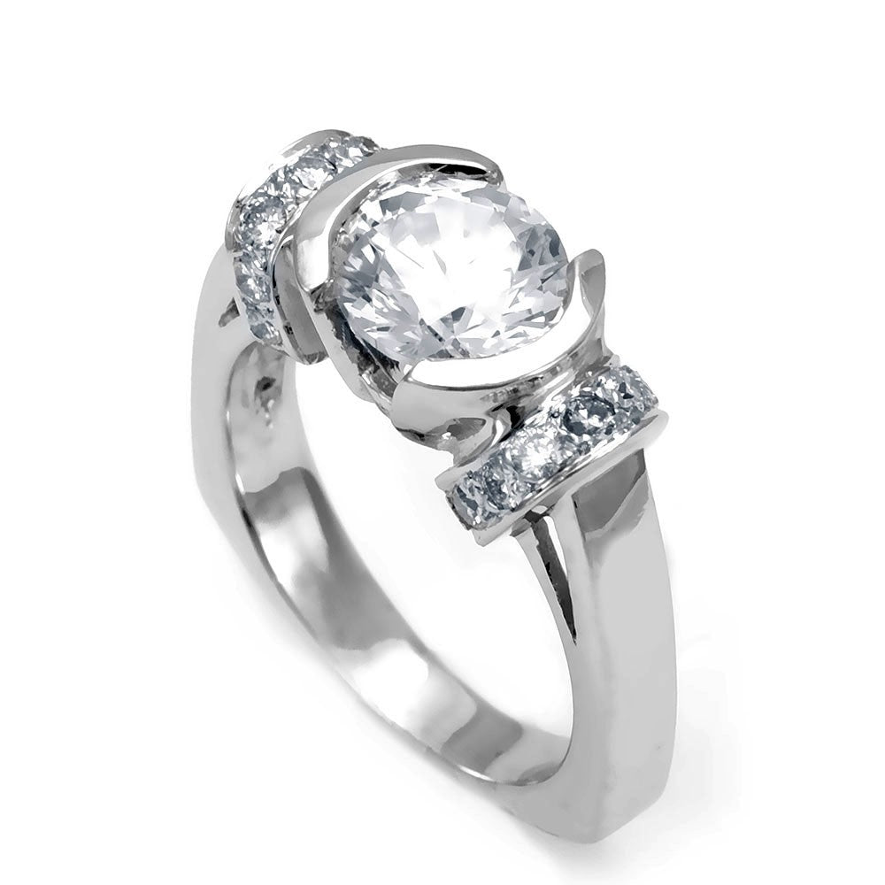 14K White Gold Engagement Ring with Pave Set Round Diamond Side Stones