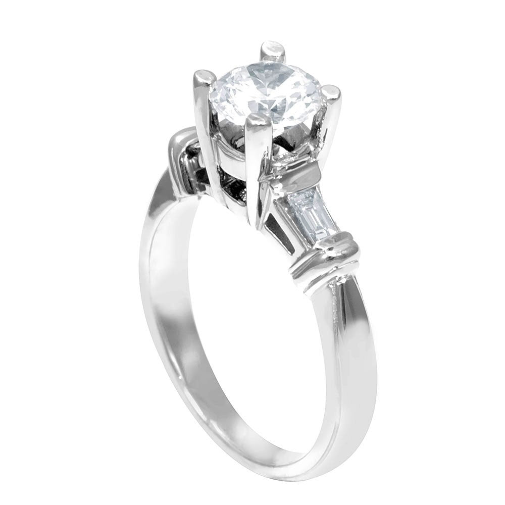 White Gold 14K Engagement Ring with Baguette Diamond Side Stones