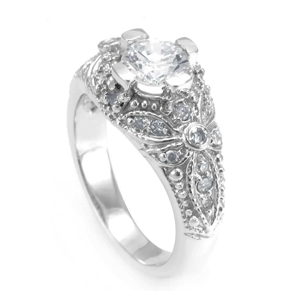 Unique Design Engagement Ring with Pave Set Round Diamonds