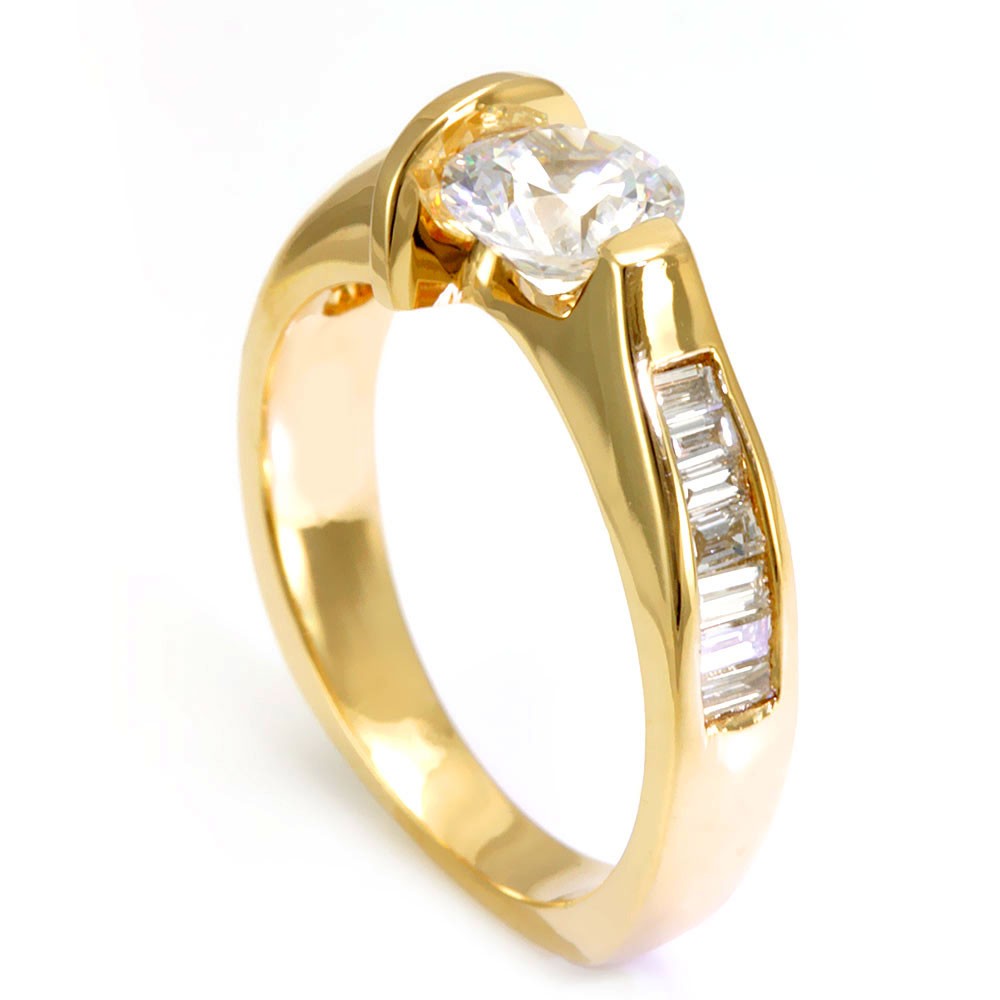 14K Yellow Gold Engagement Ring with Baguette Diamond Side stones