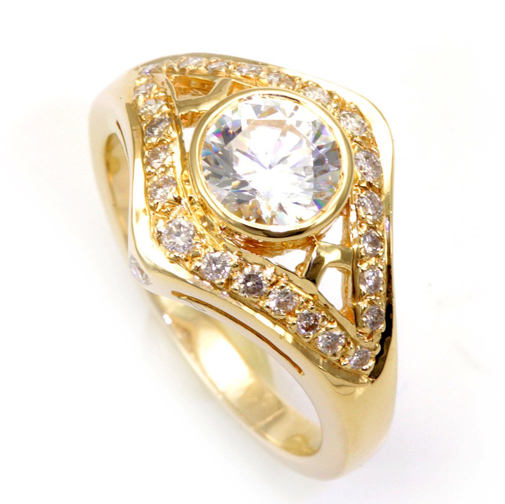 14K Yellow Gold Engagement Ring with Pave Set Round Diamonds