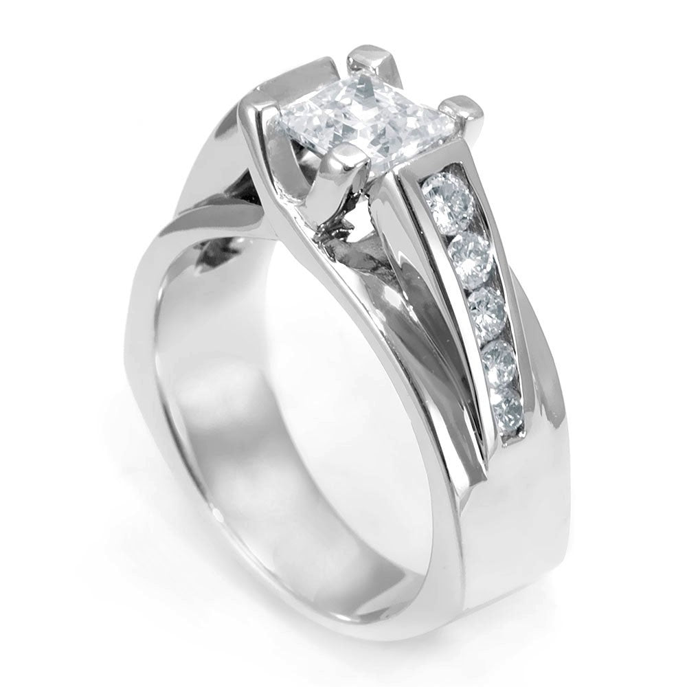 14K White Gold Engagement Ring with Channel Set Round Diamond Side Stones