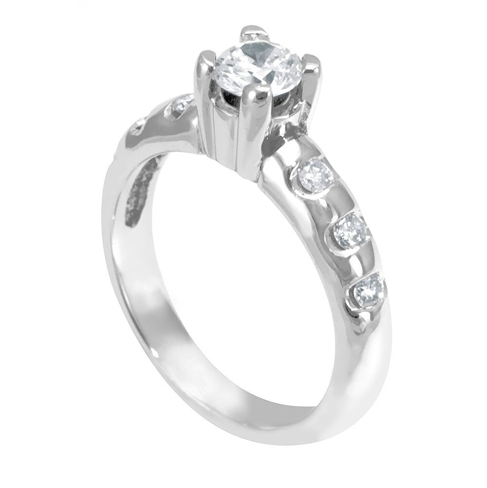 14K White Gold Engagement Ring with Channel Set Round Diamond Side Stones