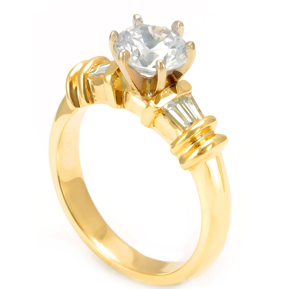 14K Yellow Gold Engagement Ring with Baguette Diamond Side stones