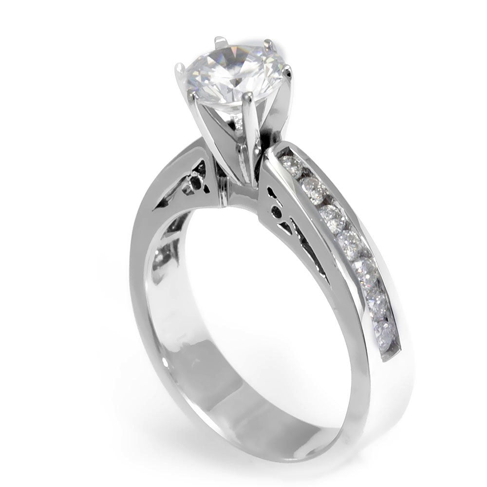 14K White Gold Engagement Ring with Channel Set Round Diamond Side Stones