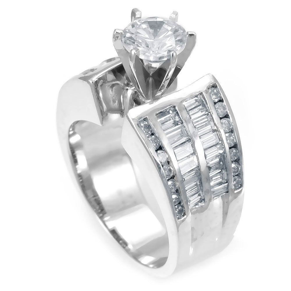 Baguette and Round Diamond Engagement Ring in 14K White Gold