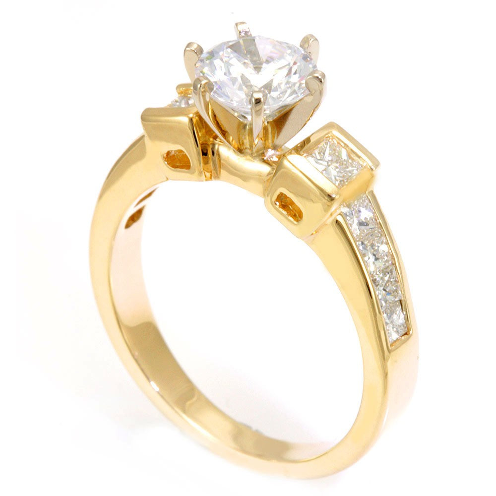 14K Yellow Gold Engagement Ring with Channel Set Princess Cut Diamond Side Stones