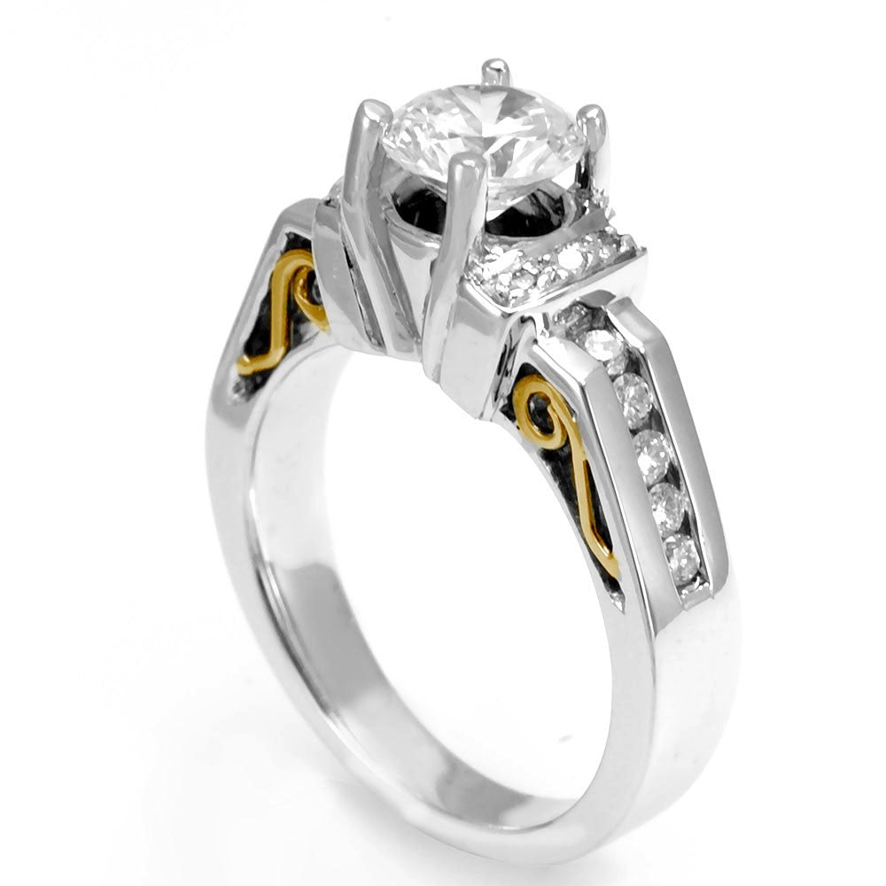 18K Two Tone Engagement Ring with Round Diamond Side Stones