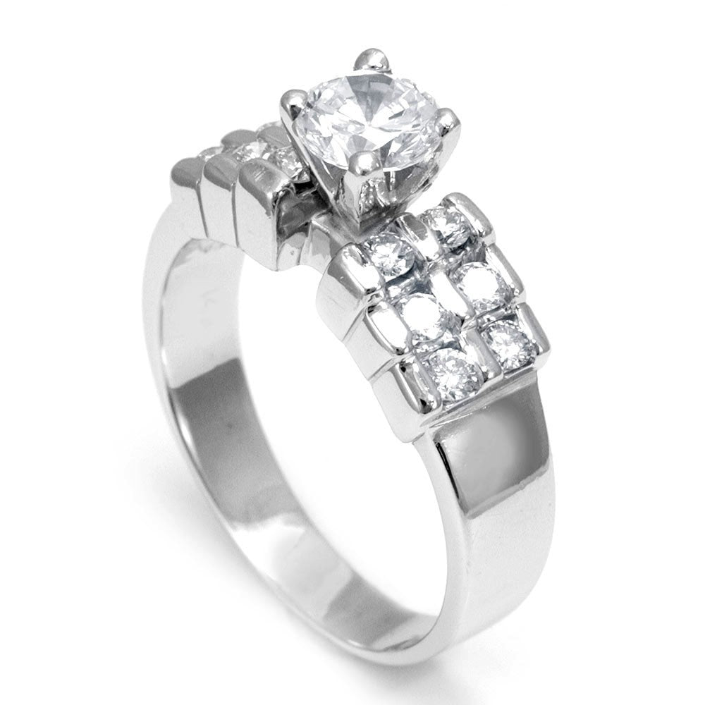 14K White Gold Engagement Ring with Channel Set Round Diamond Side Stones