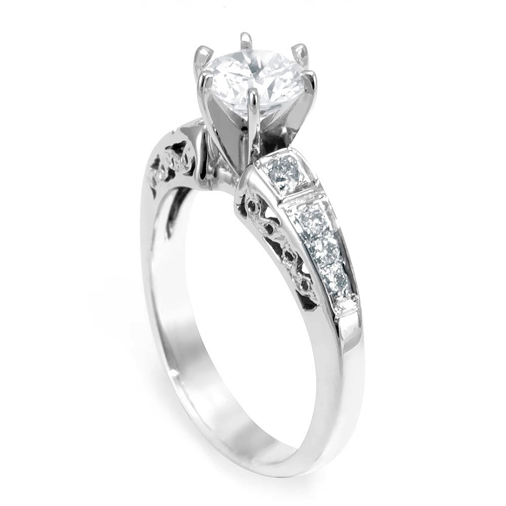 14K White Gold Engagement Ring with Pave Set Round Diamond Side Stones