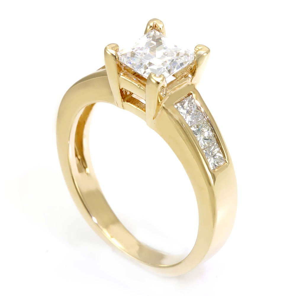 14K Yellow Gold Engagement Ring with Princess Cut Diamond Side Stones