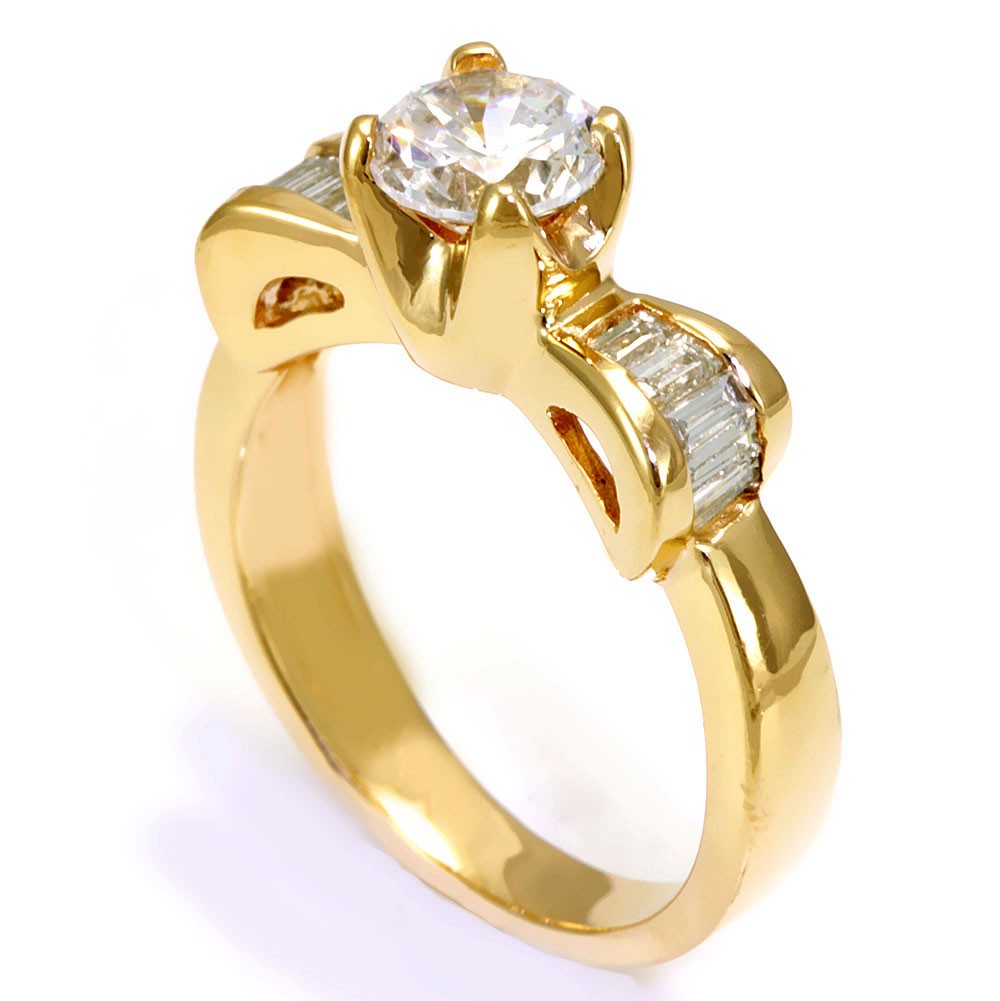 14K Yellow Gold Engagement Ring with Baguette Diamond Side stones