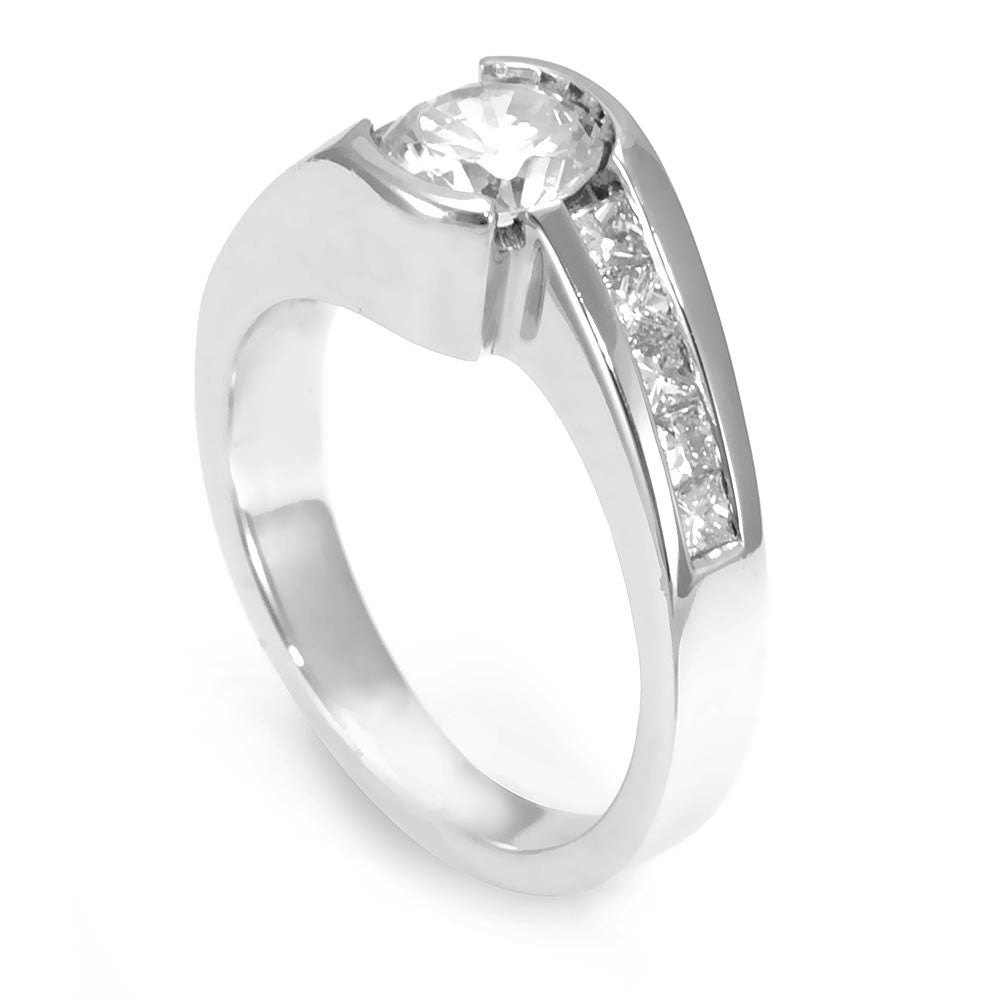 14K White Gold Engagement Ring with Channel Set Princess Cut Diamond Side Stones
