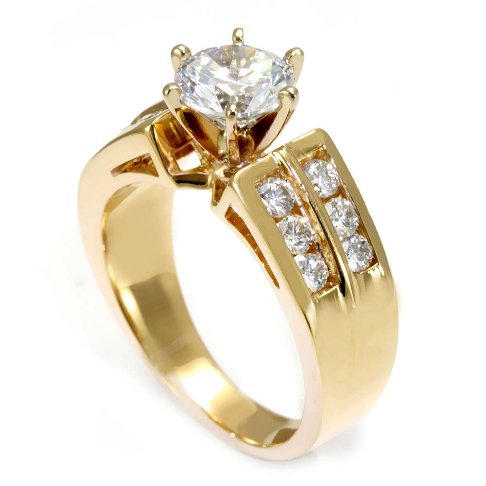 Channel Set Round Diamond in 14K Yellow Gold Engagement Ring with CZ center