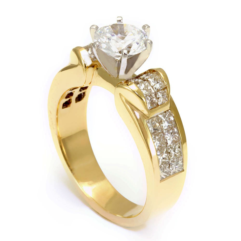 14K Yellow Gold Engagement Ring with Princess Cut Diamond Side Stones