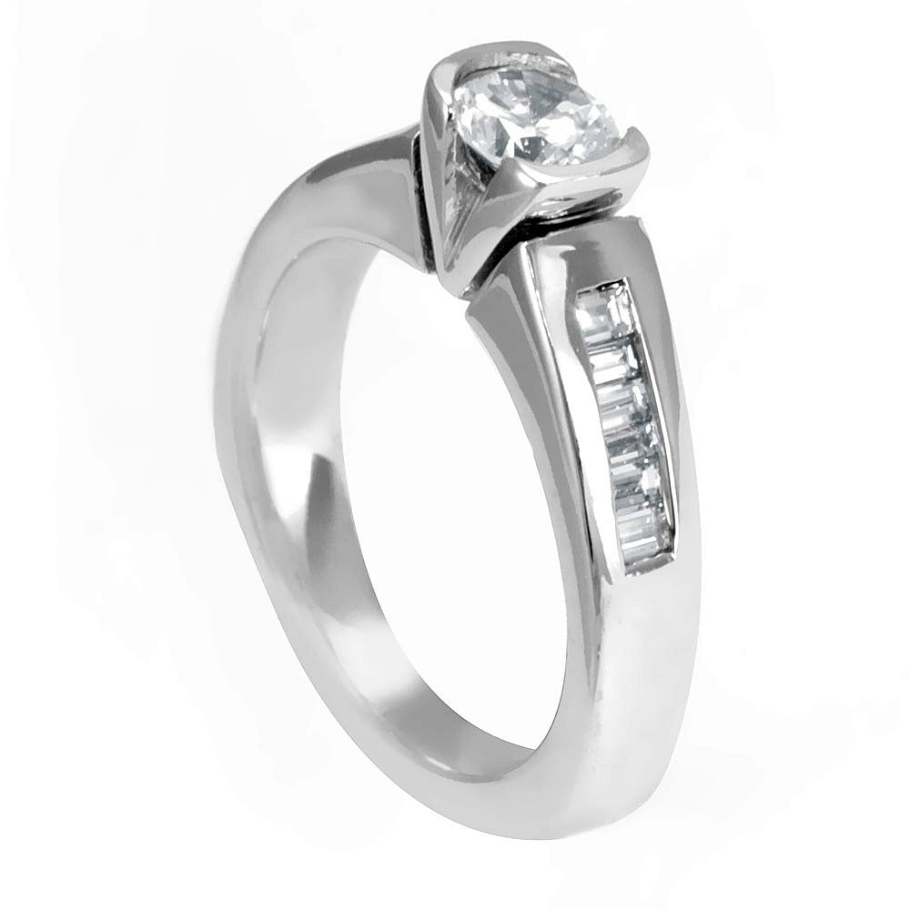 Engagement Ring 14K White Gold with Baguette Diamond Side Stones