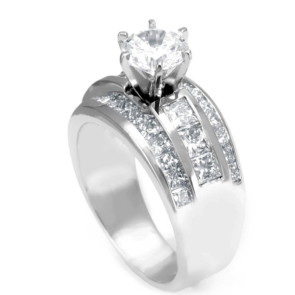 14K White Gold Engagement Ring with Princess Cut Diamond Side Stones