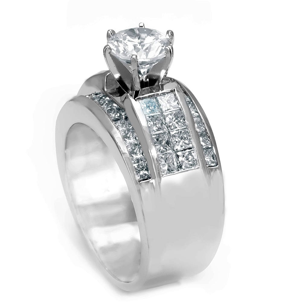 Wide 14K White Gold Engagement Ring with Princess Cut Diamond Side Stones