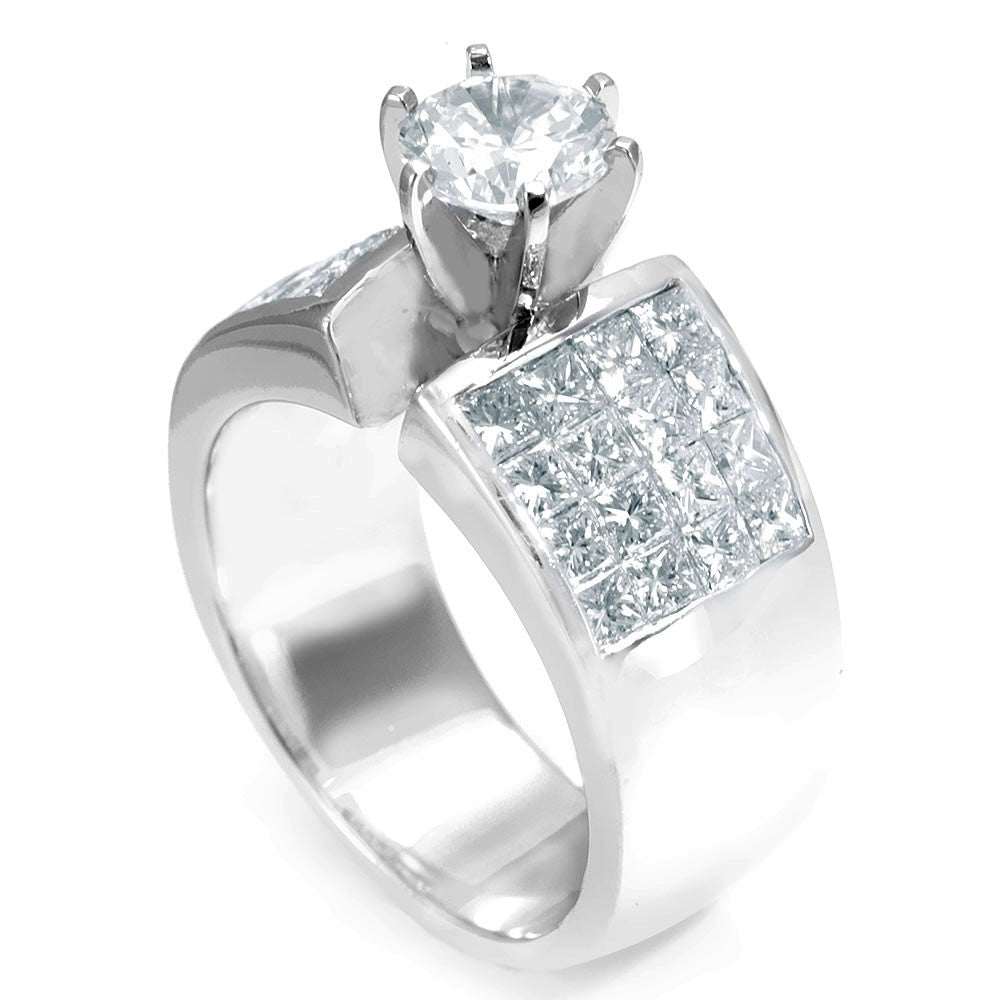 4 Row Princess Cut Diamond Engagement Ring, 14K white Gold Engagement Rin