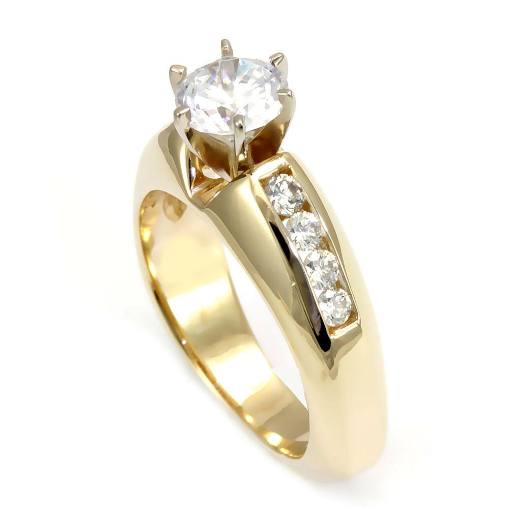 14K Yellow Gold Engagement Ring with Channel Set Round Diamond Side Stones