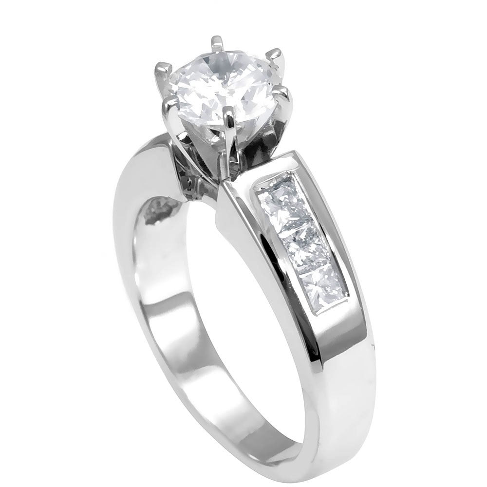 18K White Gold Engagement Ring with Princess Cut Diamond Side Stones