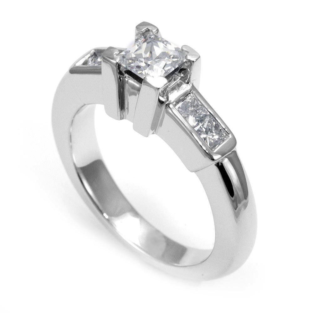 14K White Gold Engagement Ring with Princess Cut Diamond Side Stones