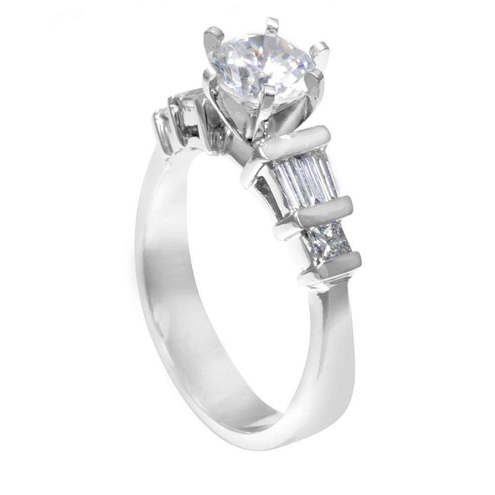 14K White Gold Engagement Ring with Baguette And Princess Cut Diamond Side Stones