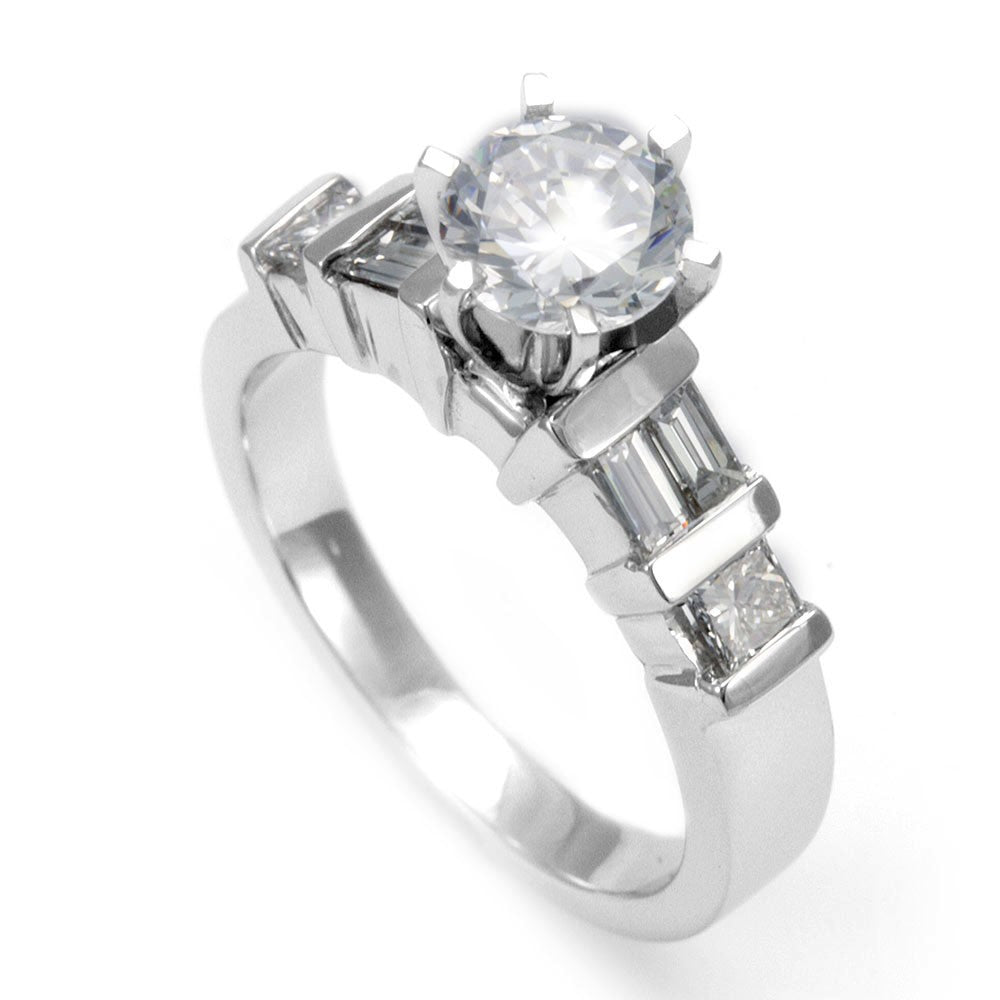 White Gold Engagement Ring 14K with Baguette And Princess Cut Diamond Side Stones