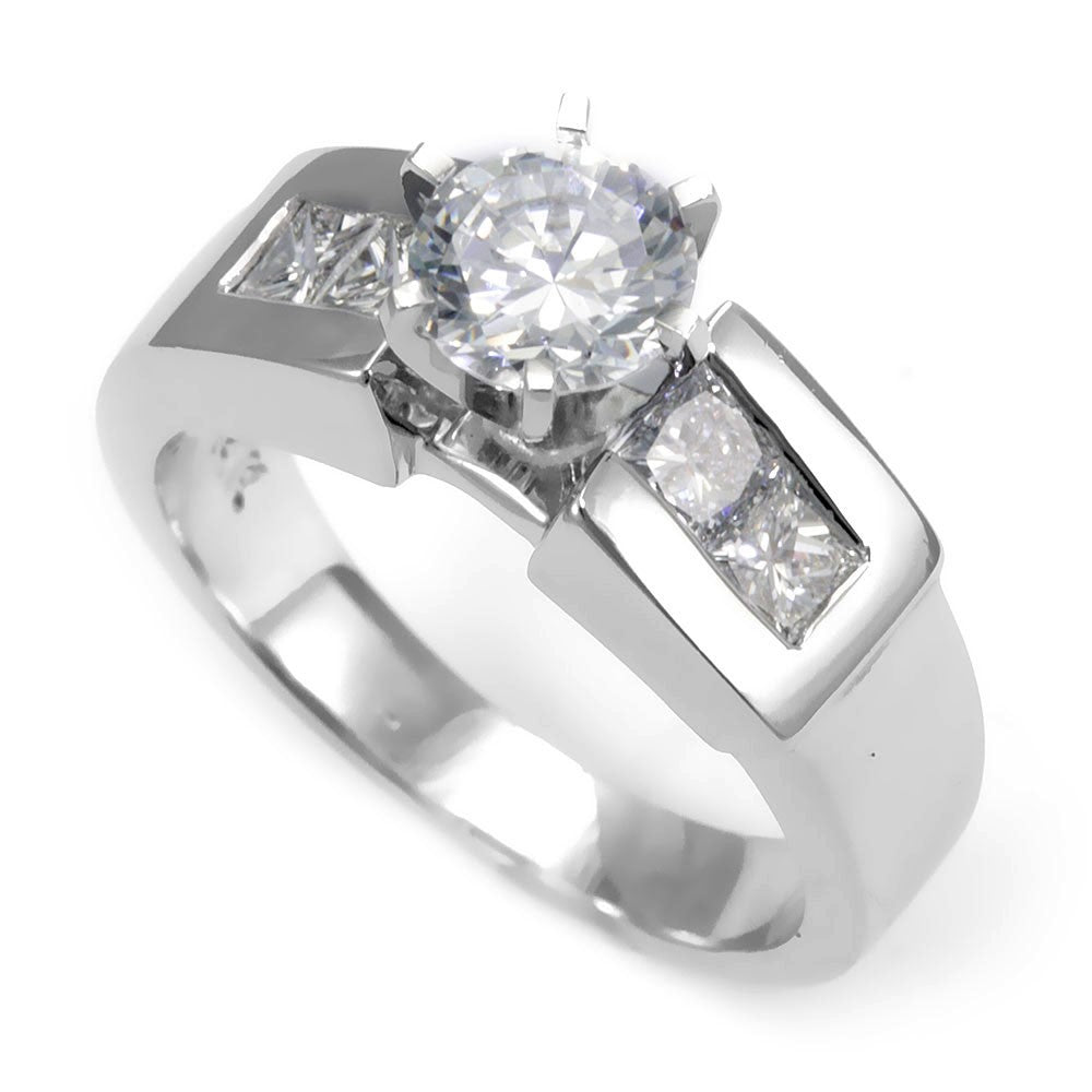 14K White Gold Engagement Ring with Princess Cut Diamond Side Stones