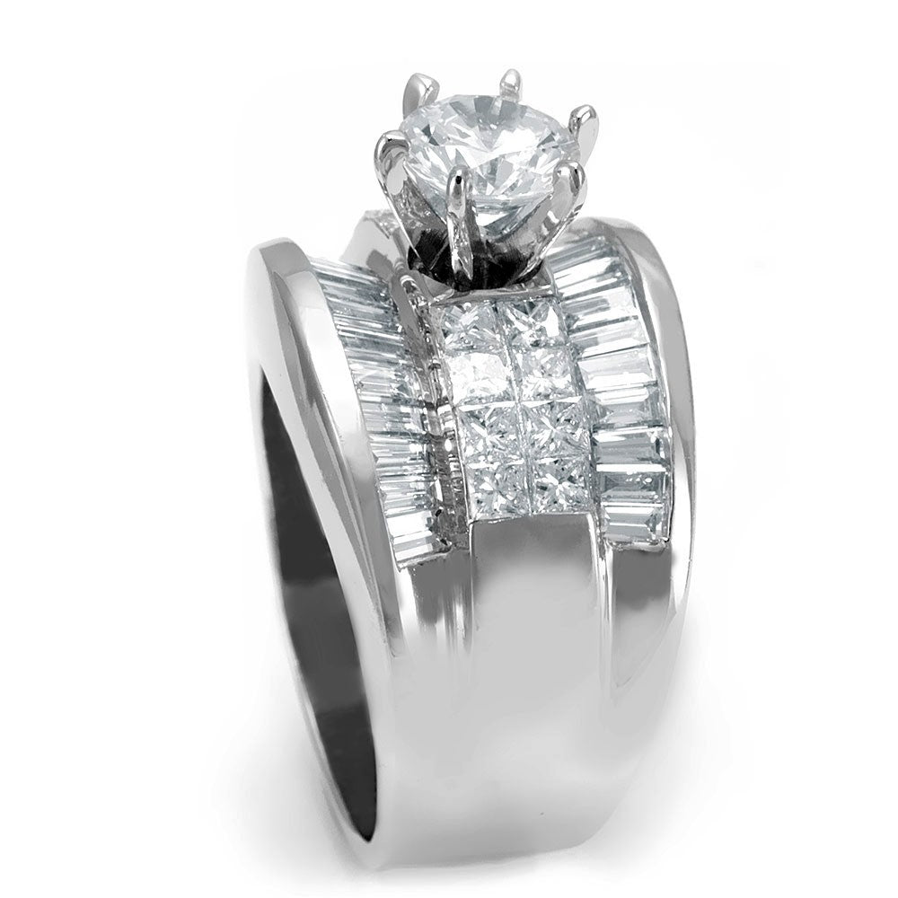 Wide 14K White Gold Engagement Ring with Baguette and Princess Cut Diamond Side Stones