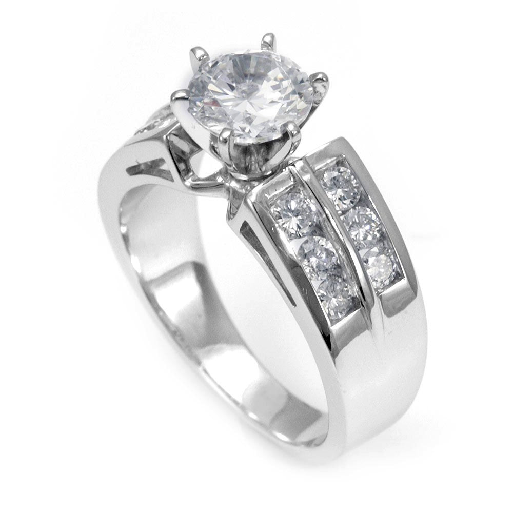 14K White Gold Engagement Ring with Channel Set Round Diamond Side Stones