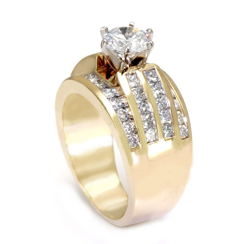Wide 14K Yellow Gold Engagement Ring with Round and Princess Cut Diamonds