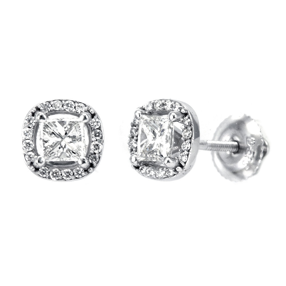 Halo Princess Cut Diamond Stud Earrings, 14K White Gold Ladies Earrings Online, Ladies Fine Jewelry