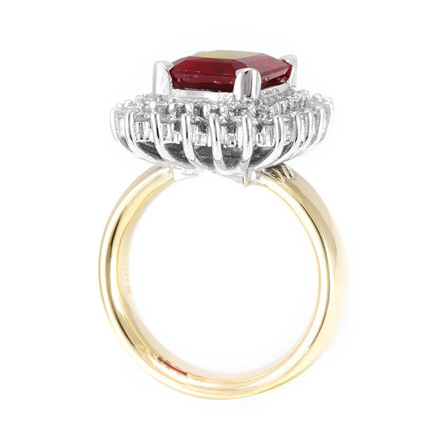 Emerald Cut Ruby Center surrounded by prong set Round Diamond in 14K Two Tone Ring