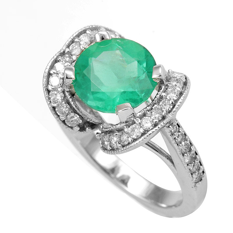 Round Diamonds in 14K White Gold Ring with Emerald Center Stone , Unique Design Diamond Ring, Ladies Ring, Emerald Ring