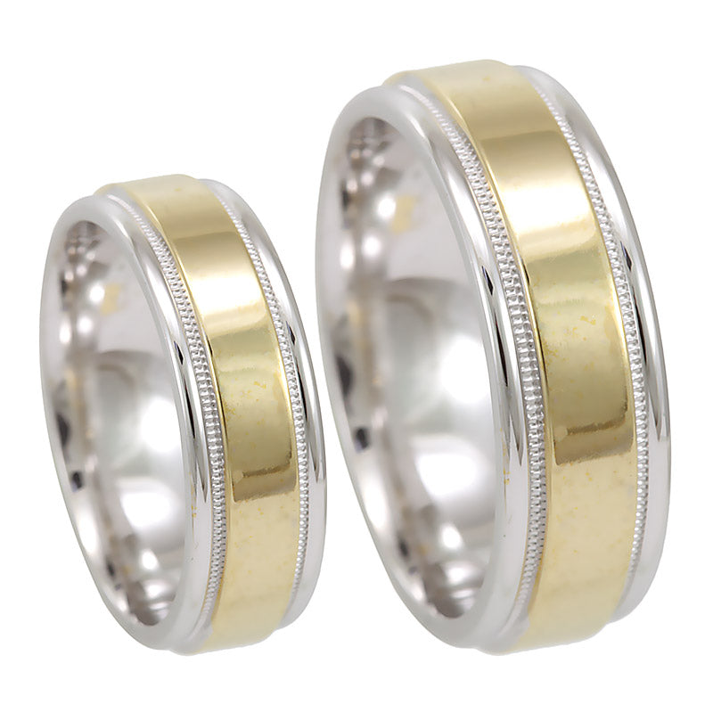 Men's 14K Two Tone Gold Shiny Wedding Ring, Milgrain Wedding Band