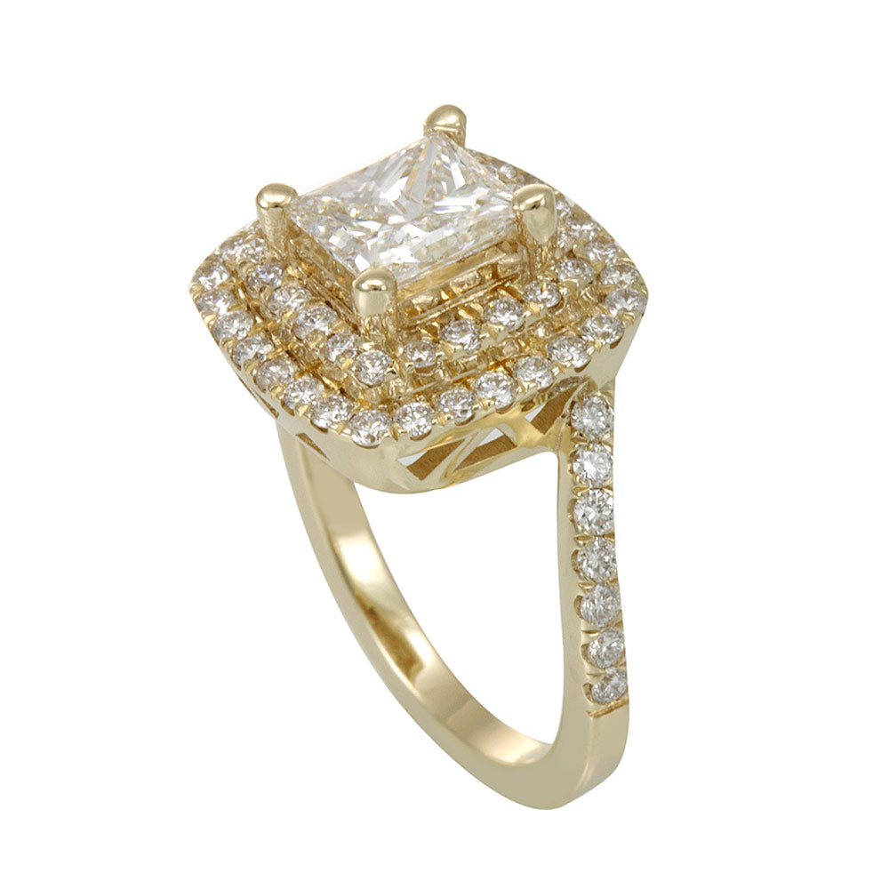Double Halo 14K Yellow Gold Engagement Ring with Round Diamonds and Princess Cut CZ