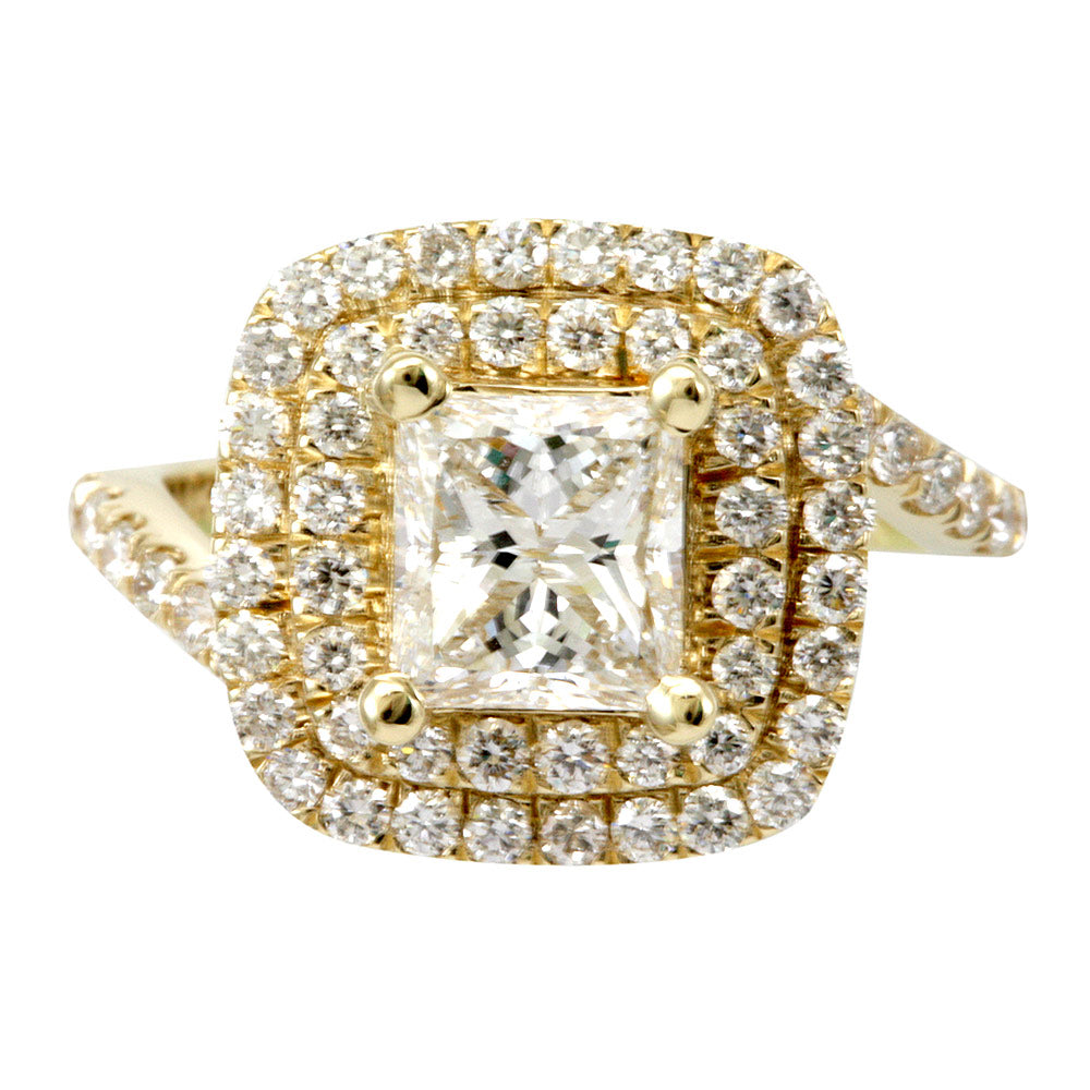 Double Halo 14K Yellow Gold Engagement Ring with Round Diamonds and Princess Cut CZ