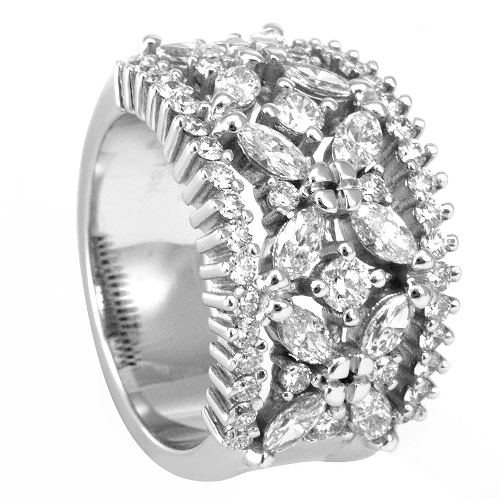 A unique Round and Marquise Diamonds Wide Ladies Band in 14K White Gold