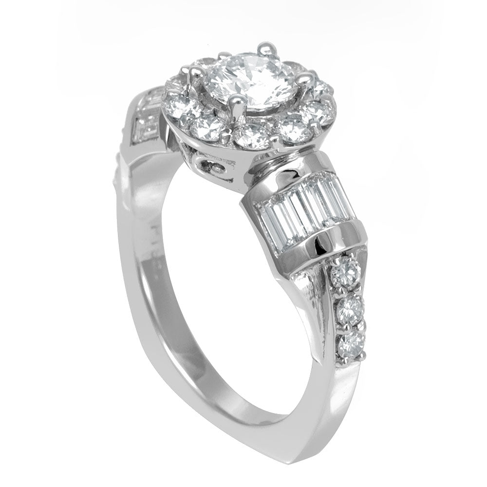 Halo Round Diamond Engagement Ring With Baguette Diamonds in 14K White –  KoKo's Designs