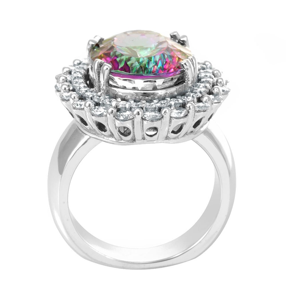 Double Halo Diamond and Mystic Topaz Ring, 14K White Gold Ladies Rings, Halo Ring