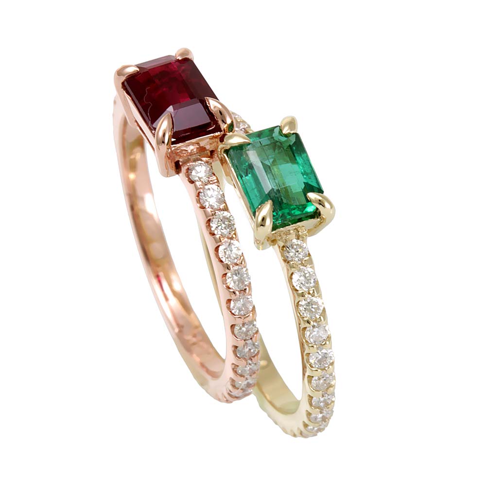 Emerald and Diamond Pinky Ring , Stackable Ring in 14K Yellow Gold