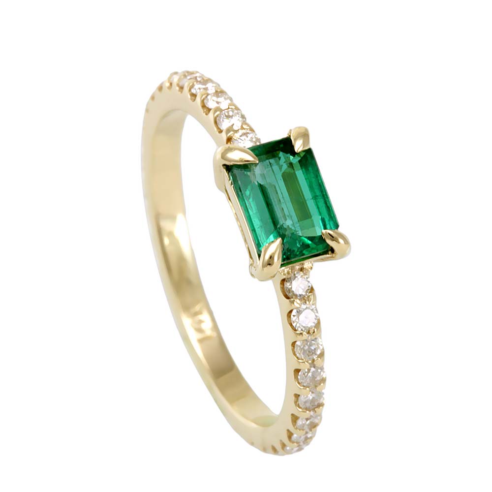 Emerald and Diamond Pinky Ring , Stackable Ring in 14K Yellow Gold