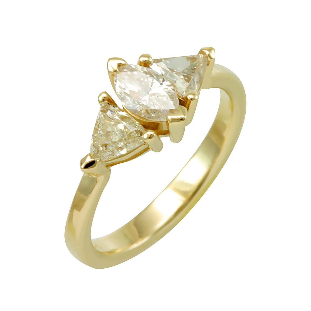 Marquise and Trillion Diamond 14K Yellow Gold Engagement Ring, 3 stone Ring