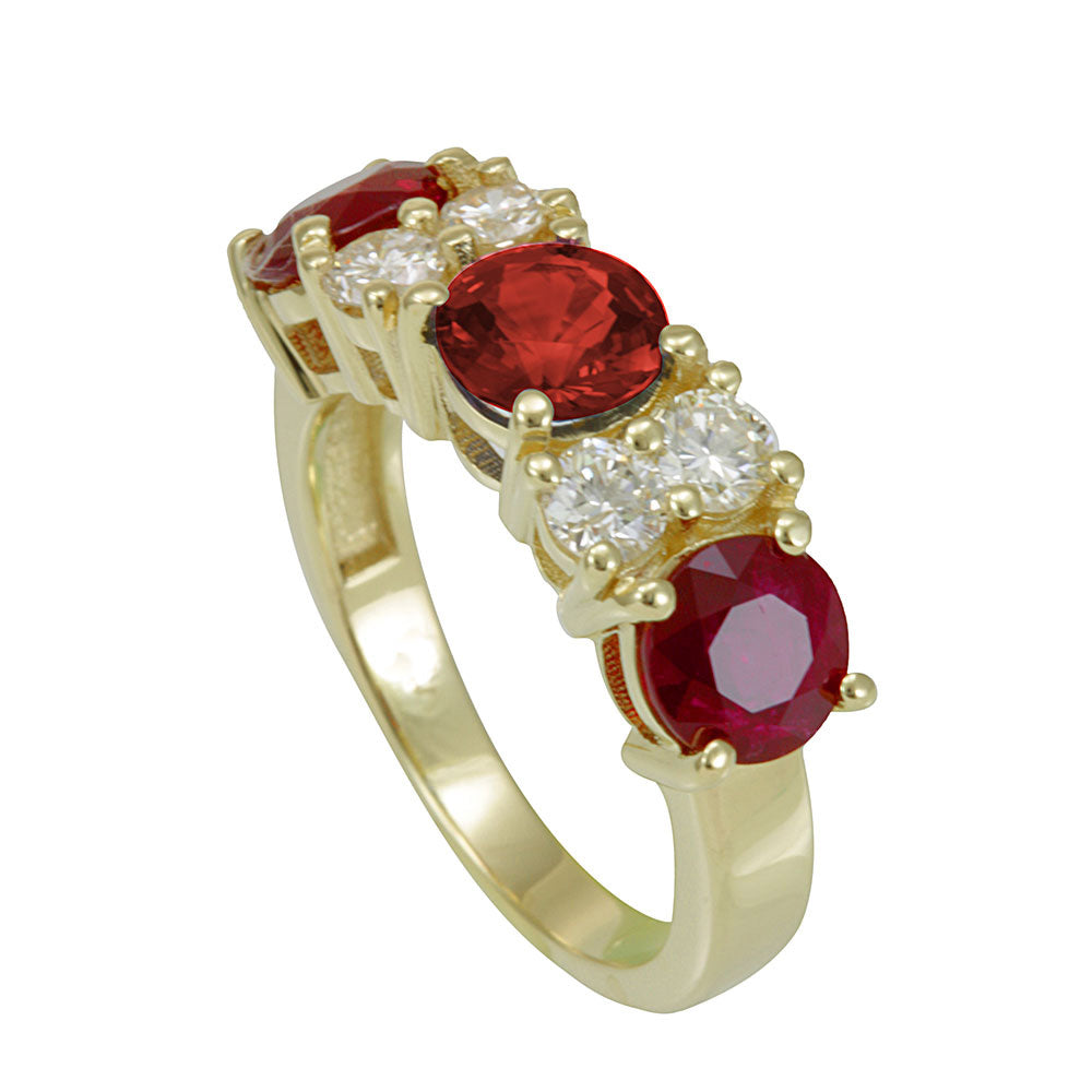 Diamond Ring with 3 Round Ruby Engagement Ring in 14K Yellow Gold
