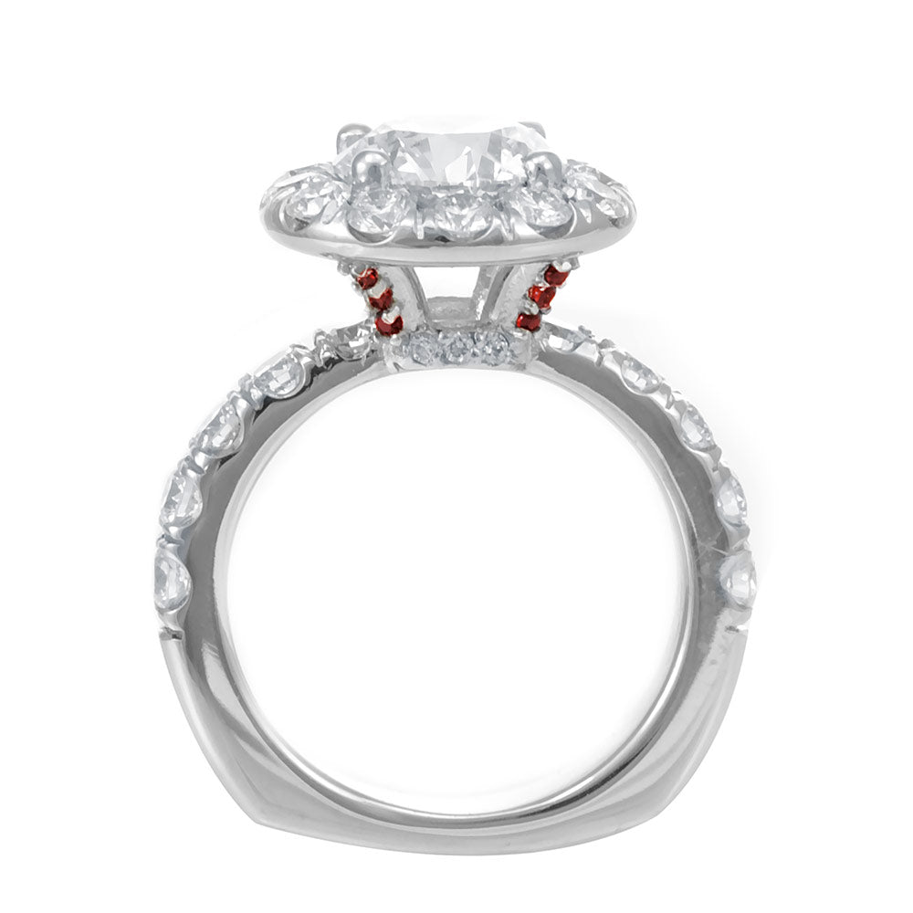 Halo Round Diamond Engagement Ring With Garnet in 14K White Gold