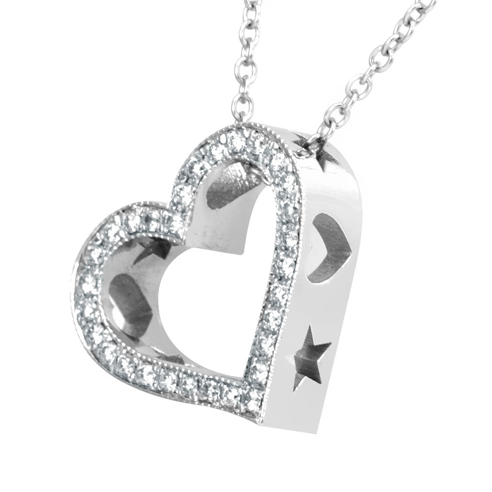 Heart Diamond Pendant with heart and star cut out designs, 14K White Gold Ladies Pendant, Love Pendant,Ladies Fine Jewelry