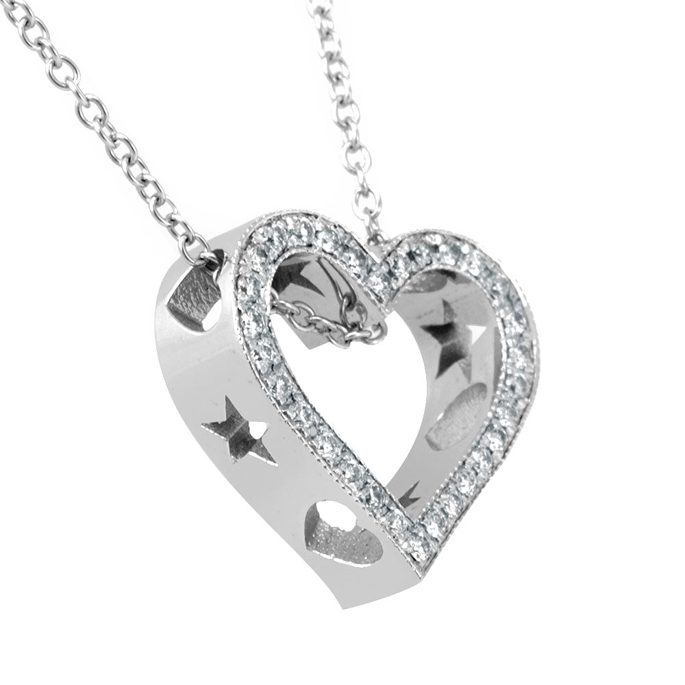 Heart Diamond Pendant with heart and star cut out designs, 14K White Gold Ladies Pendant, Love Pendant,Ladies Fine Jewelry