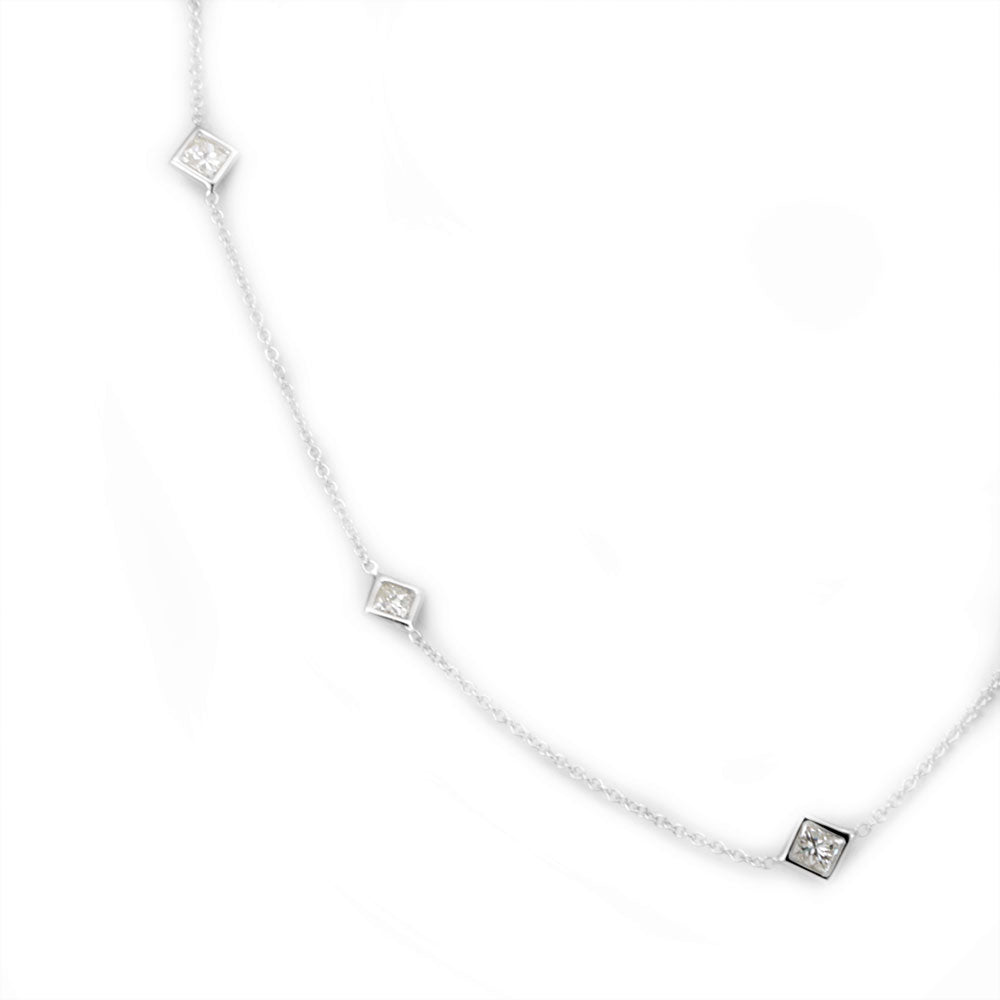 5 Princess Cut Diamond bezel set 'By the yard" necklace in 14K white Gold, Diamond by the yard necklace Draft